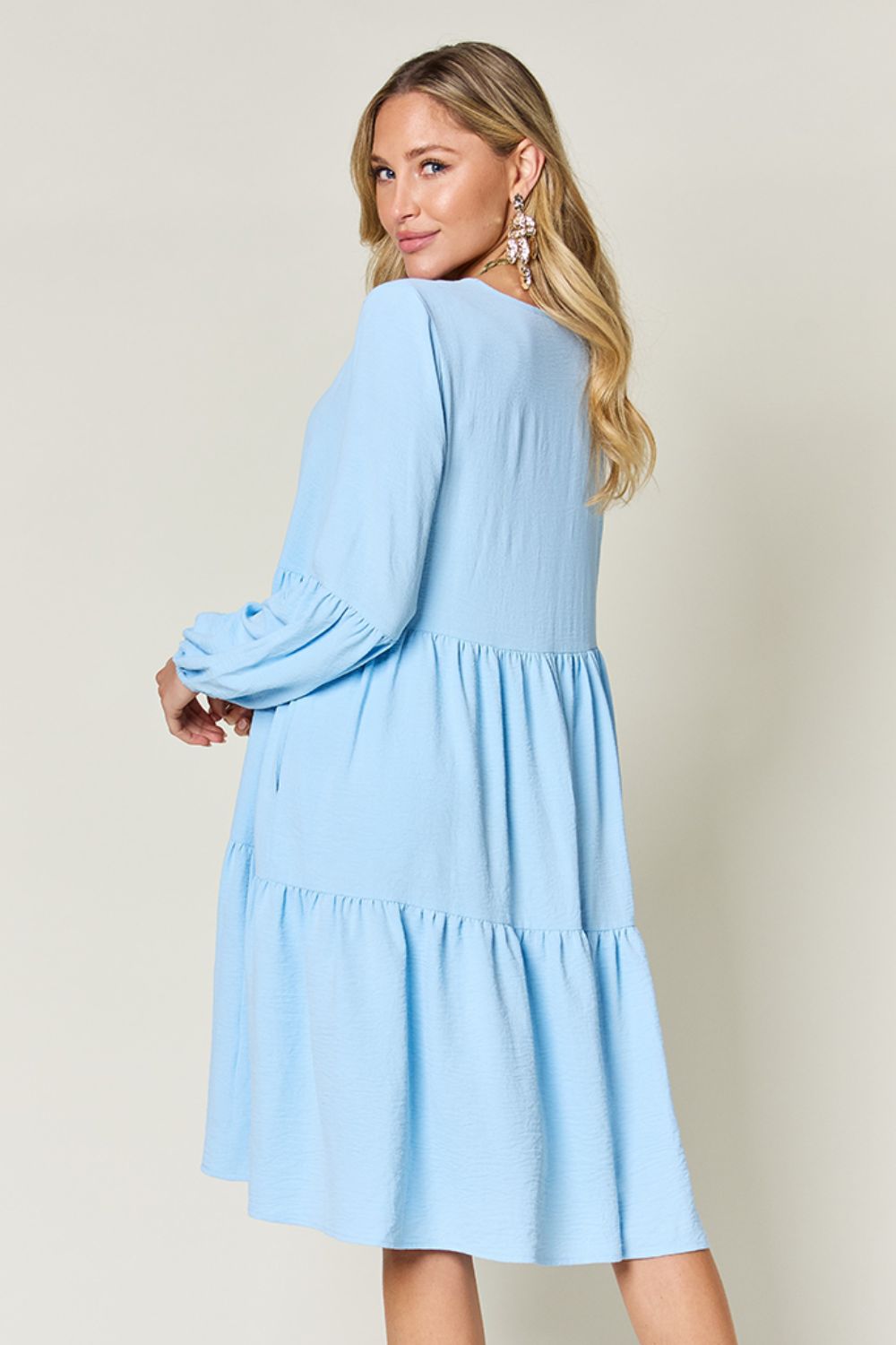 Full Size V-Neck Balloon Sleeve Tiered Dress