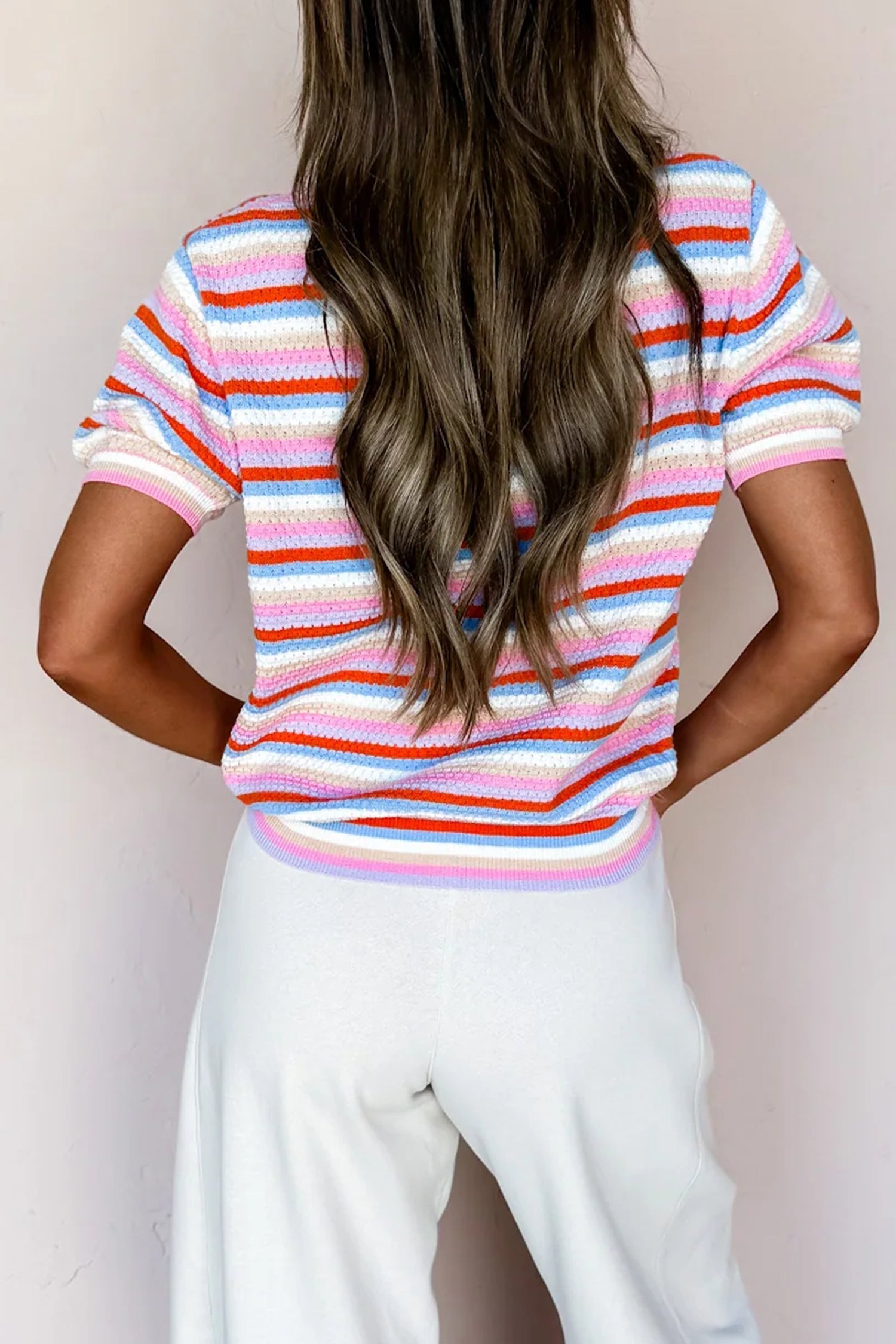 Multicolour Textured Stripes Knit Short Sleeve Sweater