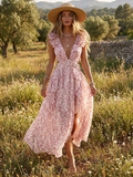 Deep V-Neck Backless Floral Dress