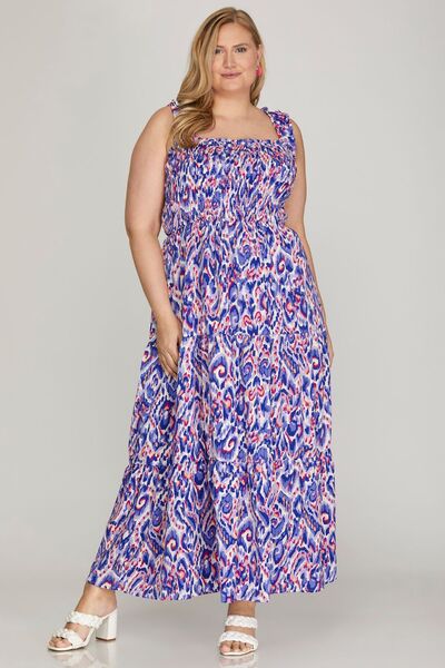 Full Size Smocked Printed Wide Strap Tiered Dress Plus Size