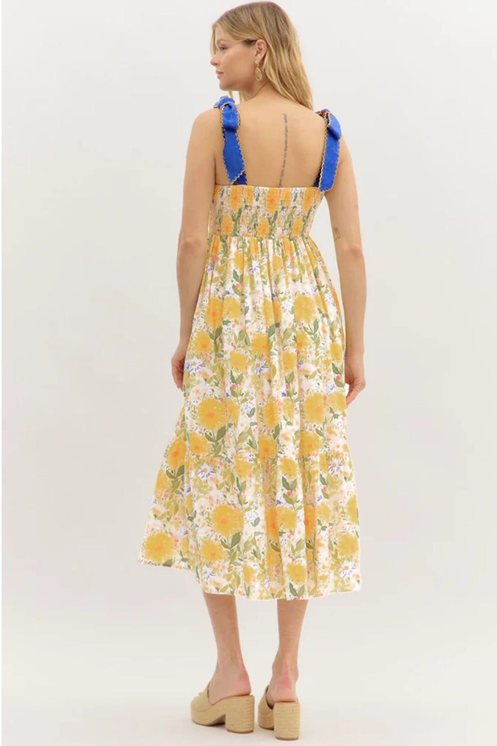 Red Floral Print Contrast Stitched Knot Denim Straps High Waist Dress