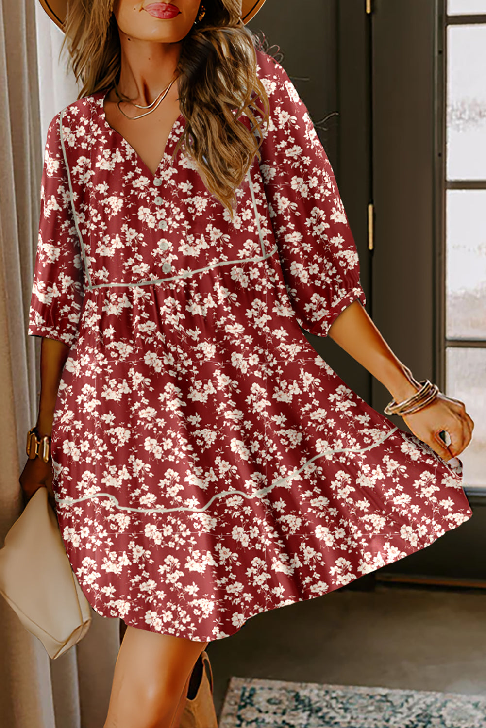 Yellow Floral Print Contrast Trim Button Tie Neck Swing Dress