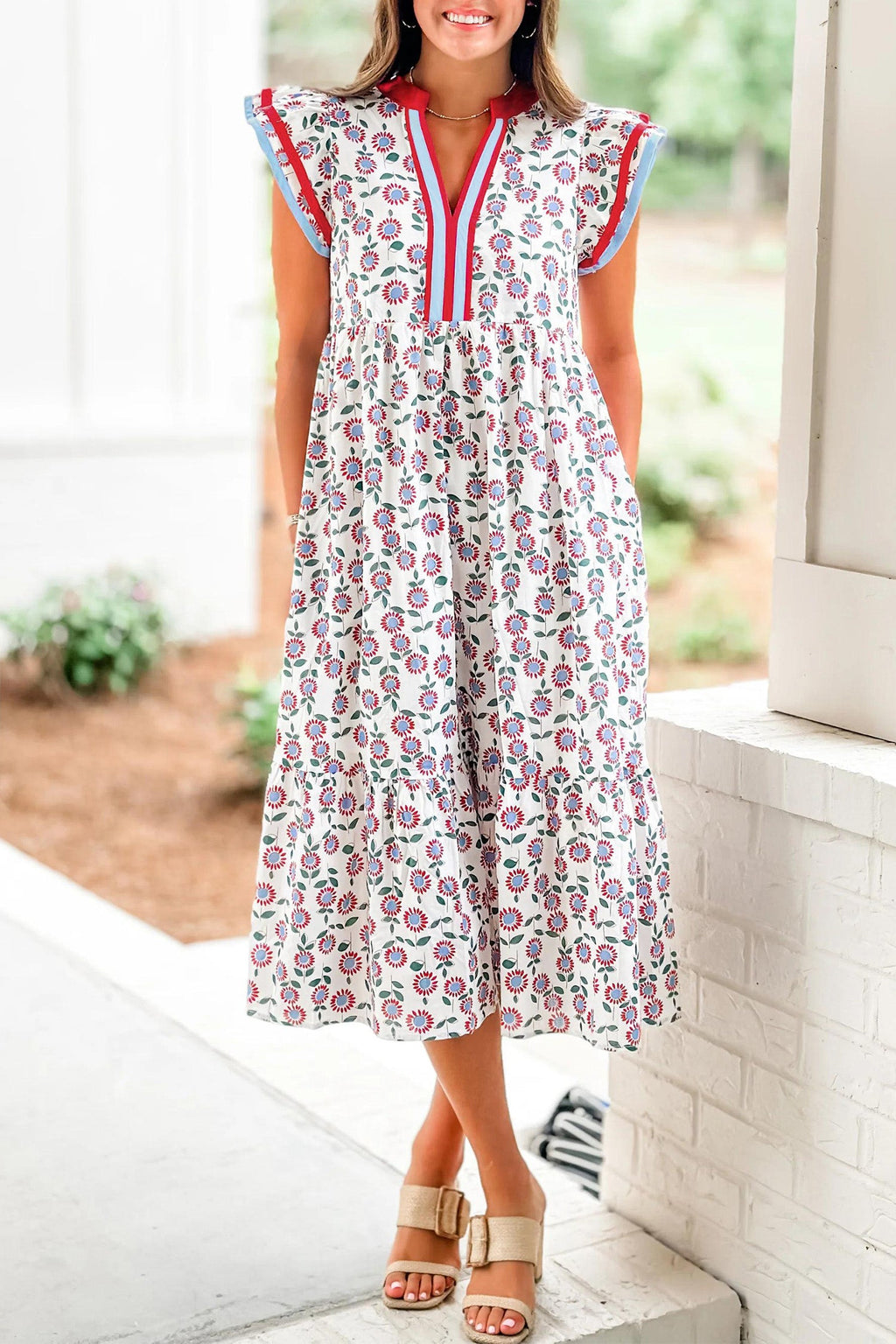Red Cute Sunflower Printed Striped Patchwork Trim Flutter Sleeve Long Dress