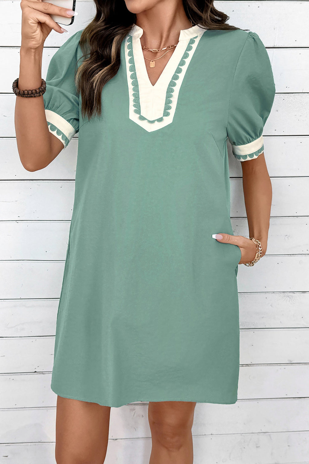 Light Pink Scallop Color Block Trim Puff Sleeve Mini Dress