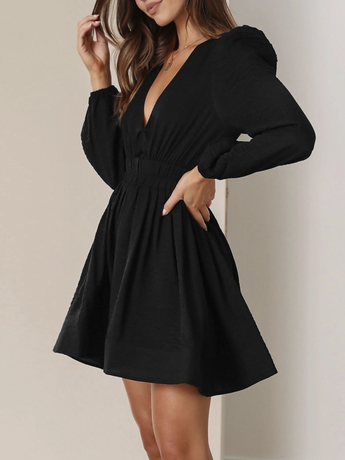 Ruched V-Neck Balloon Sleeve Mini Dress