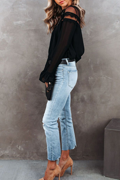 Black Lace Dotted Long Sleeve Top