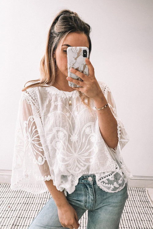Lace Embroidery Short Sleeve Top - 5 Colors