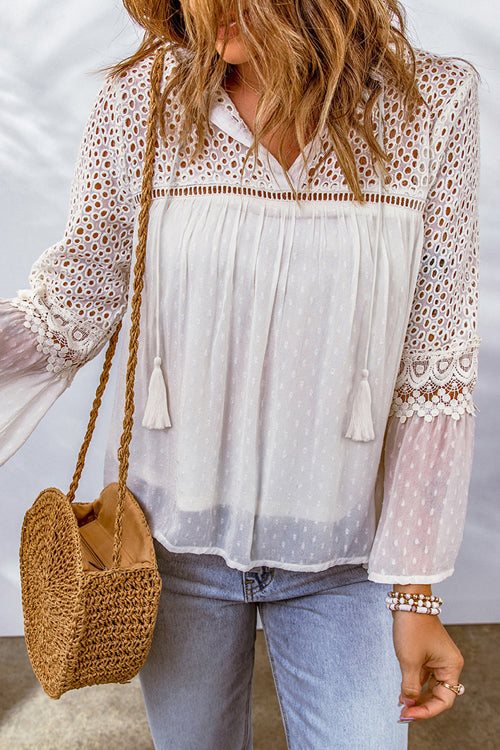 Crochet Lace Swiss Dot Long Sleeve Top