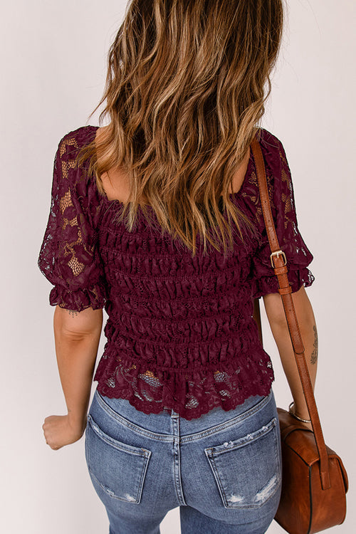 Lace Pleated Short Sleeve Top - 4 Colors