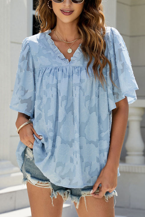 Sheer Floral Jacquard Short Sleeve Top - 7 Colors