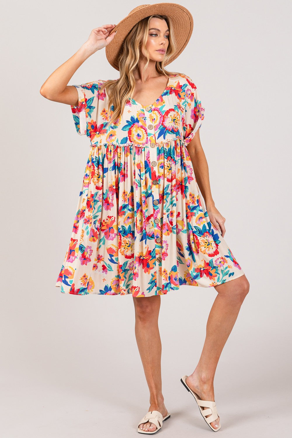 Full Size Floral Button-Down Short Sleeve Dress