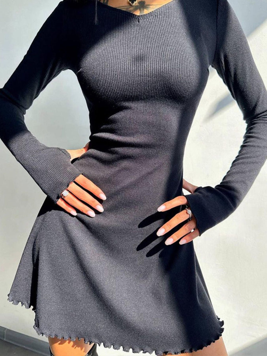 Round Neck Long Sleeve Mini Dress