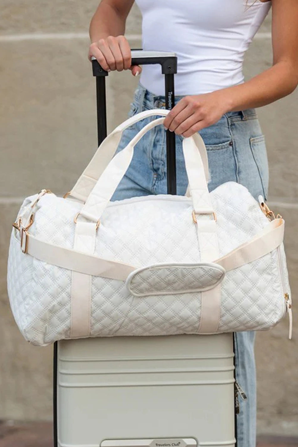 White Plaid Textured Large Capacity Travel Duffle Bag