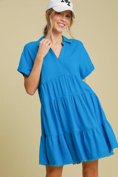 Full Size Raw Hem Folded Sleeve Tiered Dress Plus Size