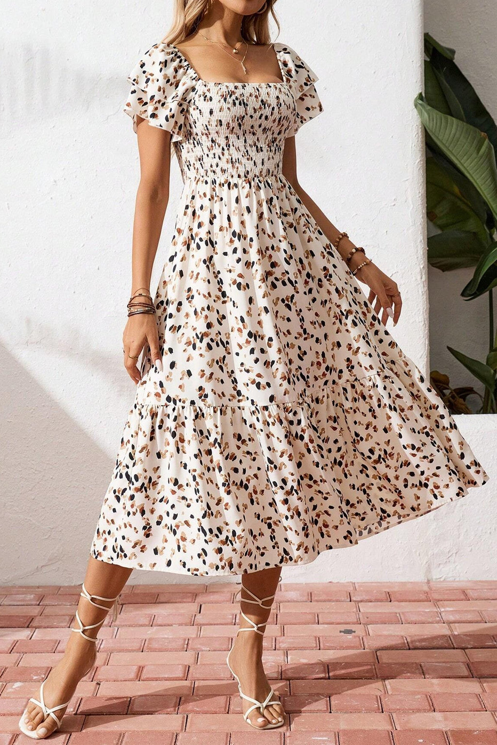 Ditsy Floral Smocked Square Neck Dress