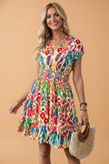 Abstract V-Neck Dolman Sleeve Ruffle Mini Dress