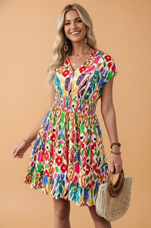 Abstract V-Neck Dolman Sleeve Ruffle Mini Dress