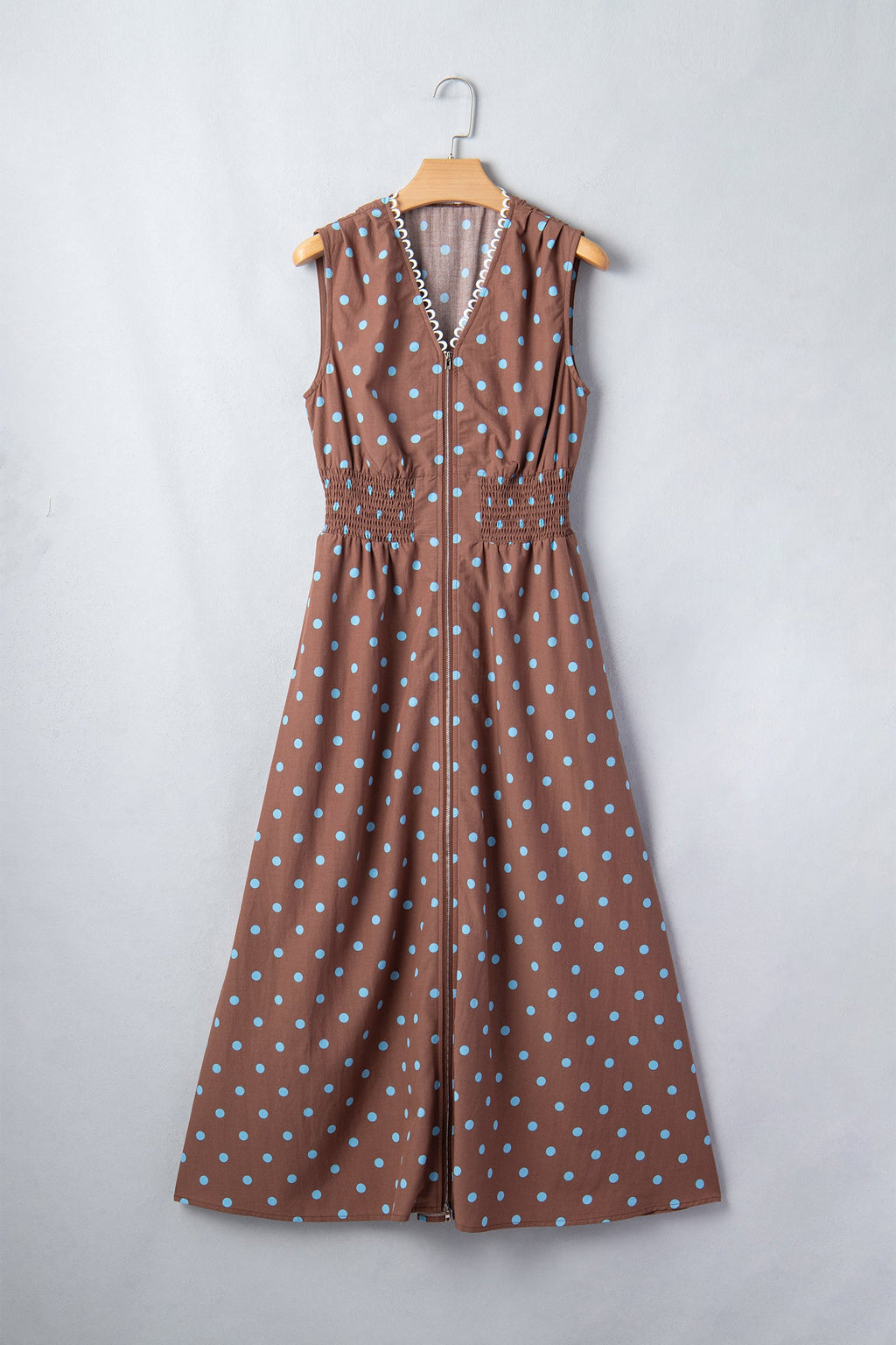 Black Polka Dot Print Contrast Trim V Neck Zip Up Sleeveless Dress