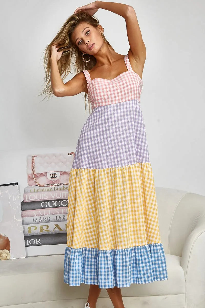 Color Block Tiered Gingham Dress