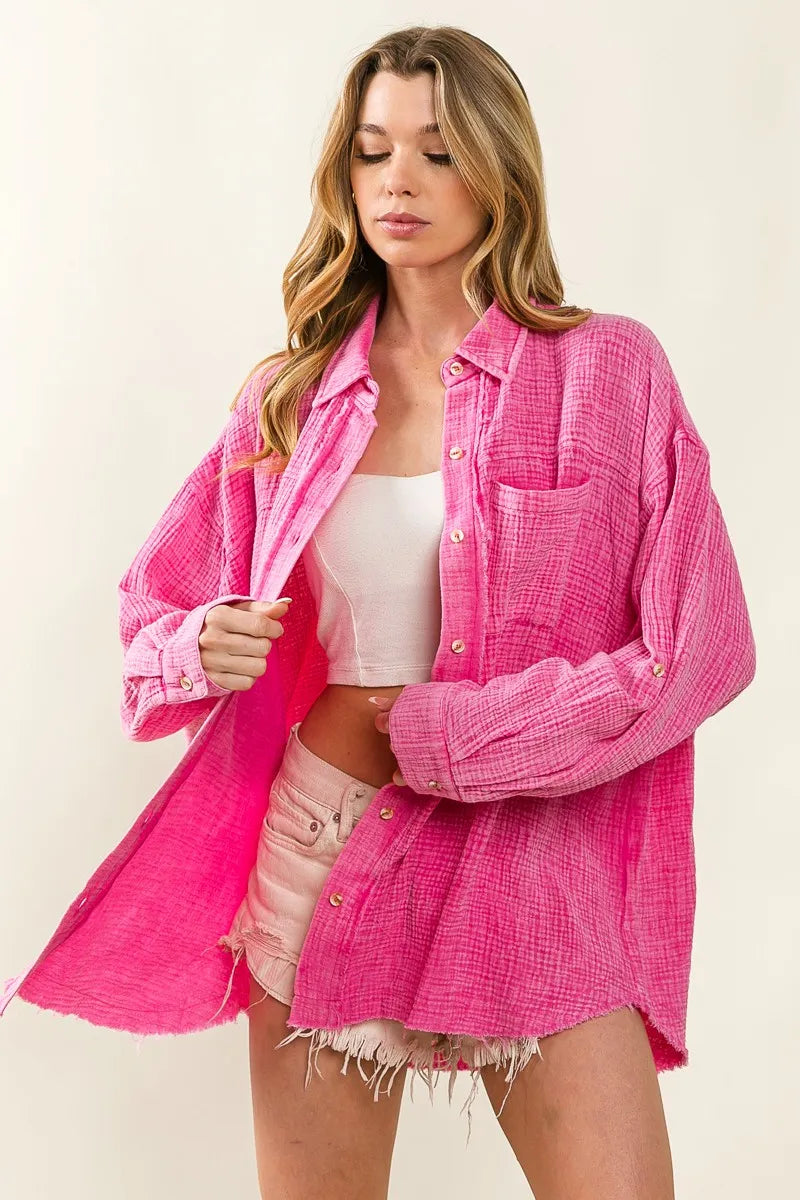Raw Edge Detailed Mineral Washed Loose Fit Shirt