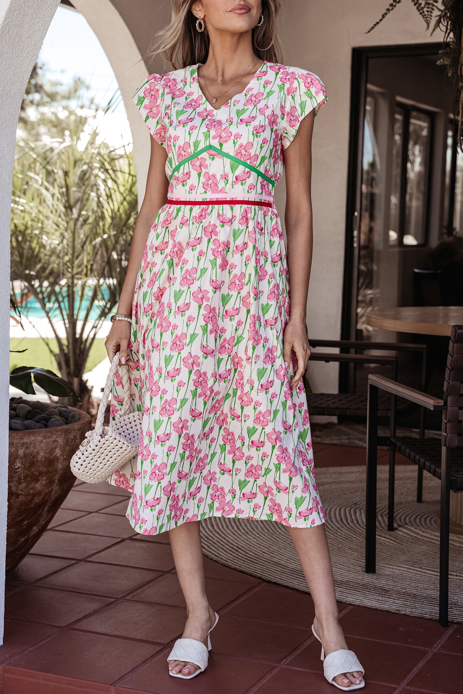 Floral Contrast Trim V-Neck Midi Dress