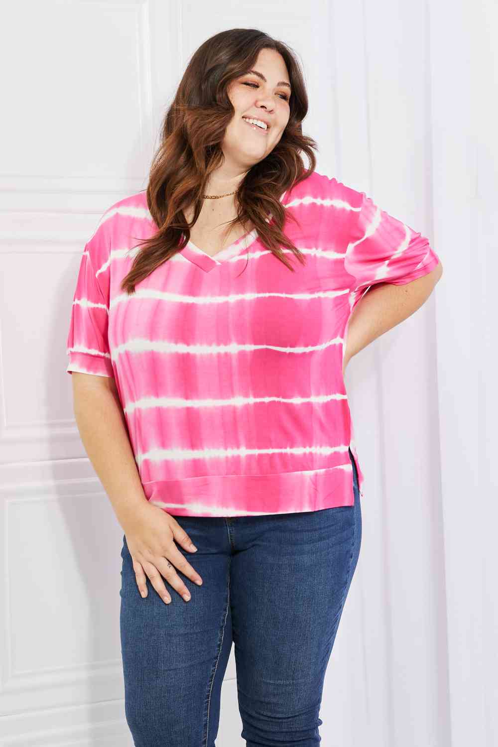 Full Size Oversized Fit V-Neck Striped Top