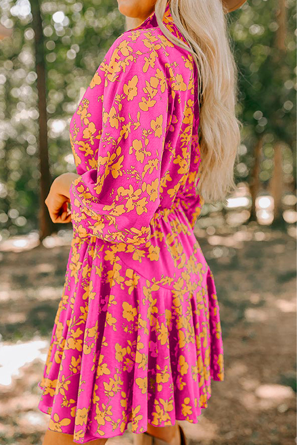Pink Floral Print Drawstring Flowy Short Dress