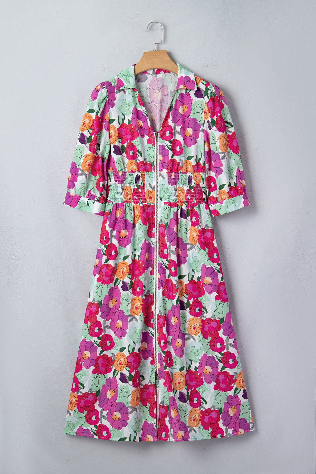 Rose Vibrant Floral Print V Neck Zip Up Puffy Half Sleeve Dress