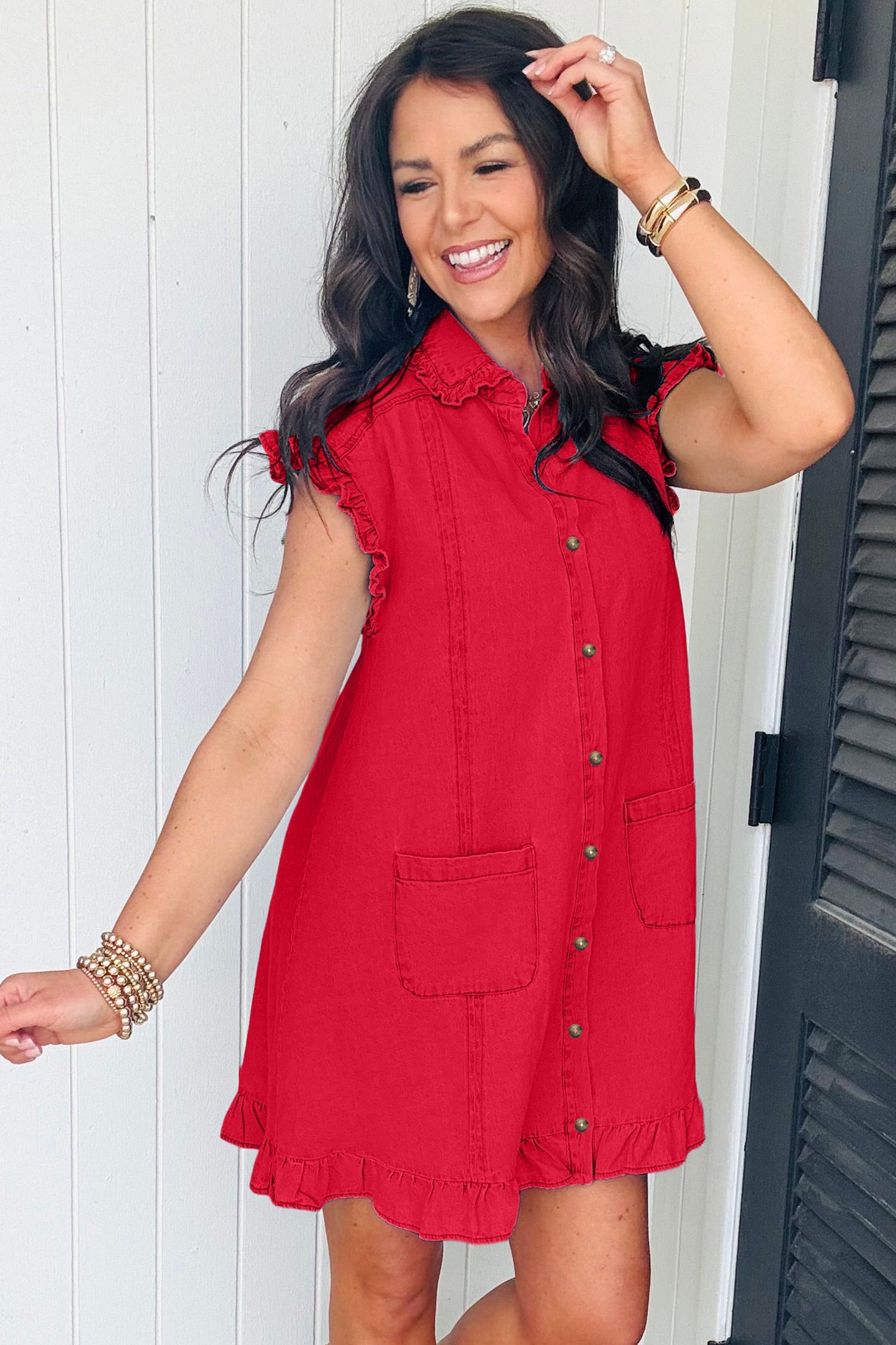 Sail Blue Ruffled Edge Collared Shift Denim Dress with Pockets