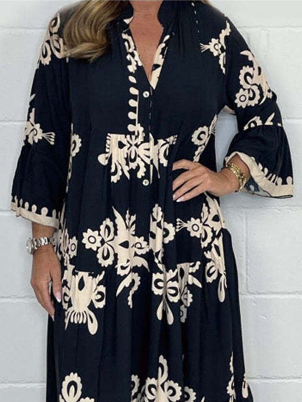 Full Size Printed Notched 3/4 Sleeve Midi Dress Plus Size