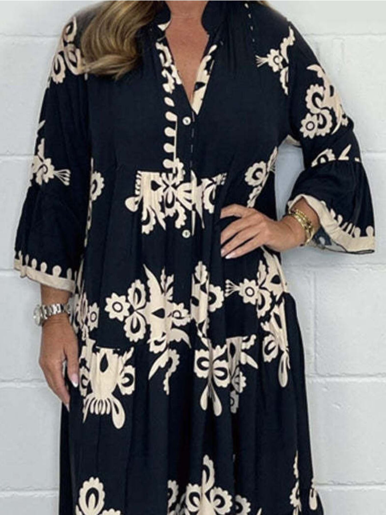 Full Size Printed Notched 3/4 Sleeve Midi Dress Plus Size
