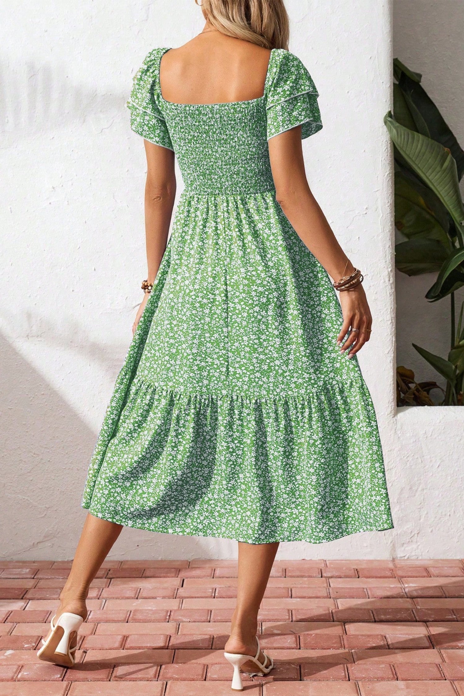 Ditsy Floral Smocked Square Neck Dress