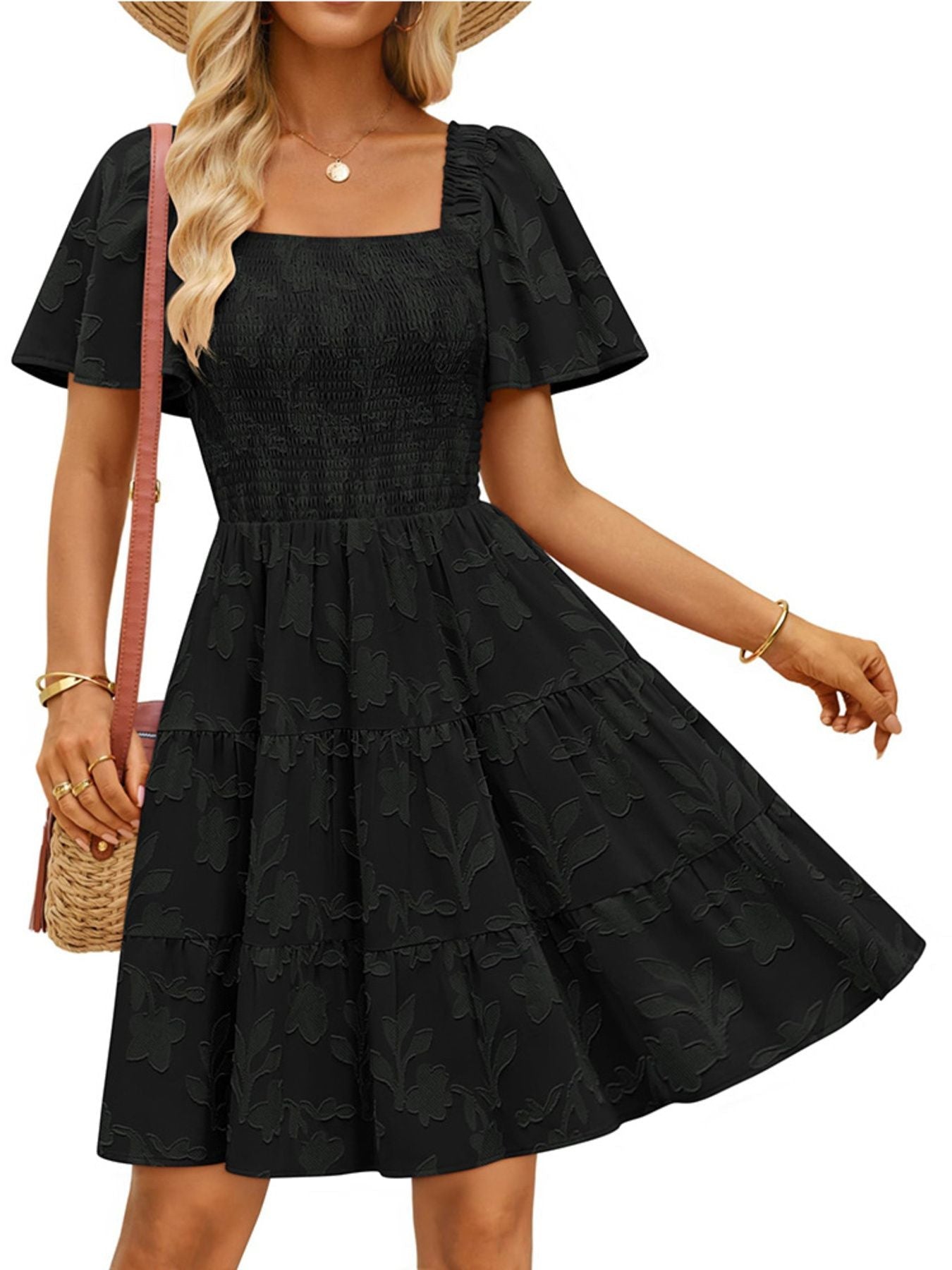 Tiered Square Neck Short Sleeve Dress