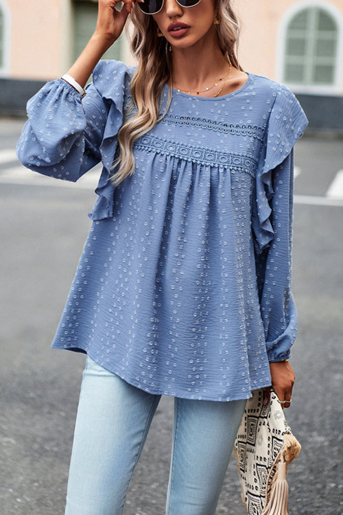 Swiss Dot Lace Ruffled Long Sleeve  Top - 5 Colors