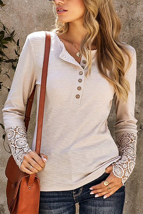 Ribbed Lace Long Sleeve Top - 4 Colors
