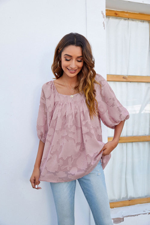 Floral Jacquard Short Sleeve Top - 7 Colors
