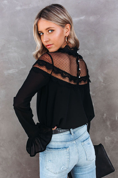 Black Lace Dotted Long Sleeve Top