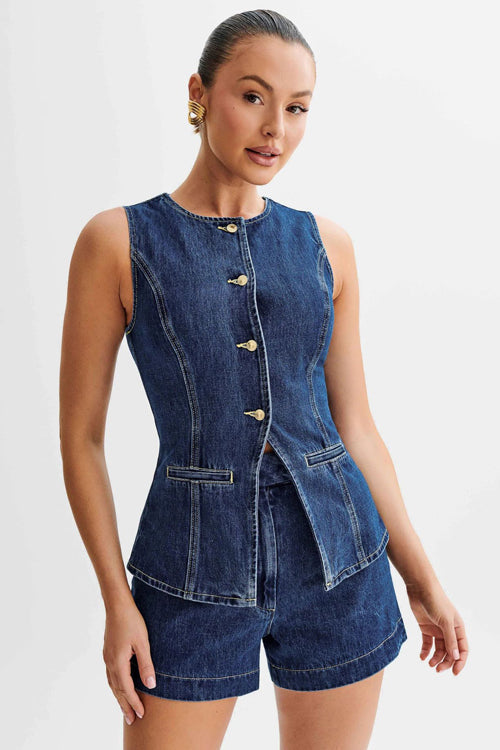 Denim Sleeveless Two-Piece Suit