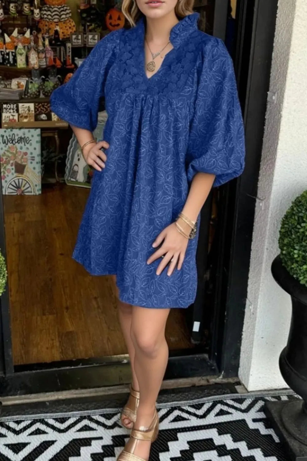 Lace Detail Notched Half Sleeve Mini Dress