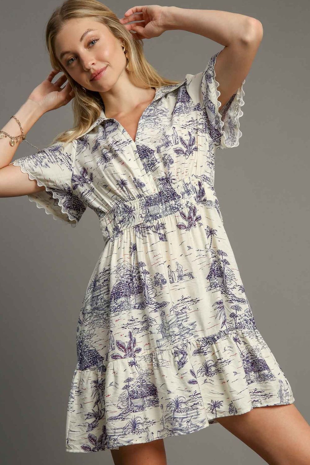 Full Size Landscape Print Collared Mini Dress Plus Size