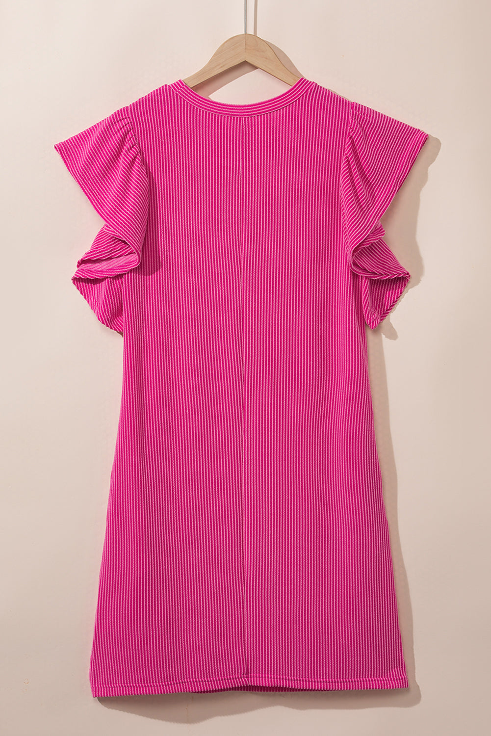 Rose Red Plain Crinkle Rib Flutter Sleeve Mini Dress