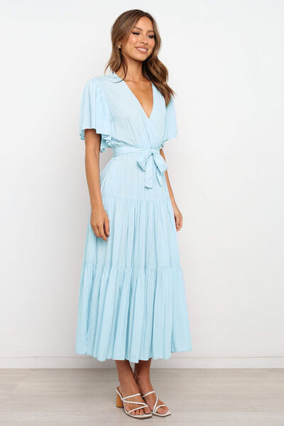 Tied Back Tiered Short Sleeve Midi Dress
