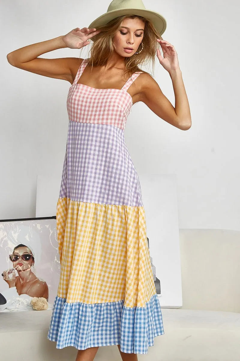 Color Block Tiered Gingham Dress