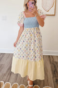 Multicolour Floral Print Striped Color Block Patchwork Square Neck Shirred Long Dress