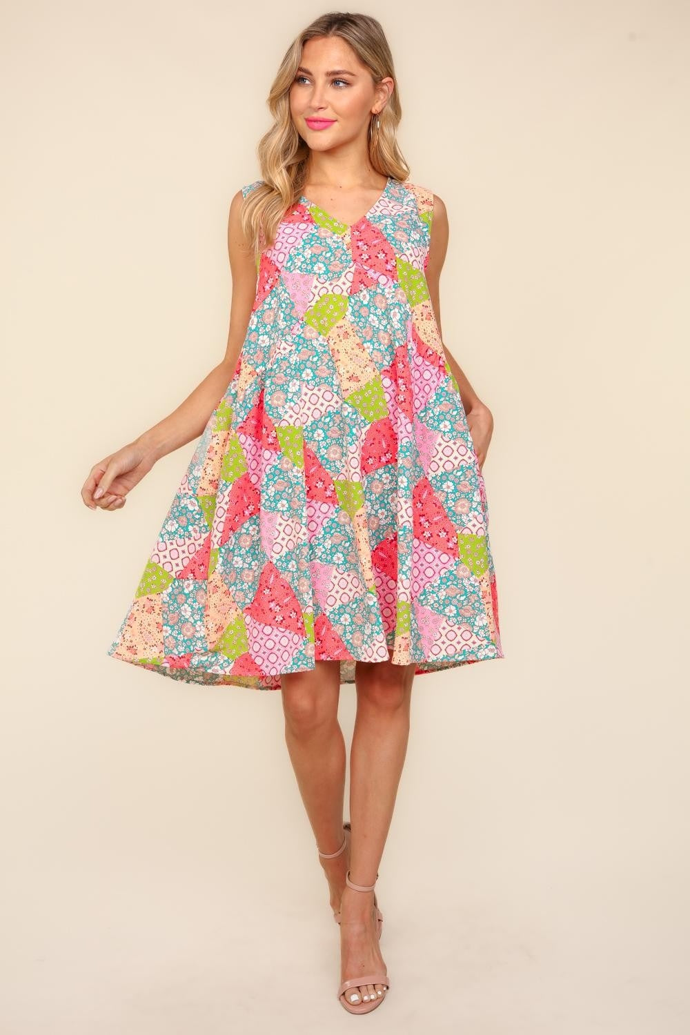 Full Size Babydoll Floral Patchwork Dress with Side Pockets