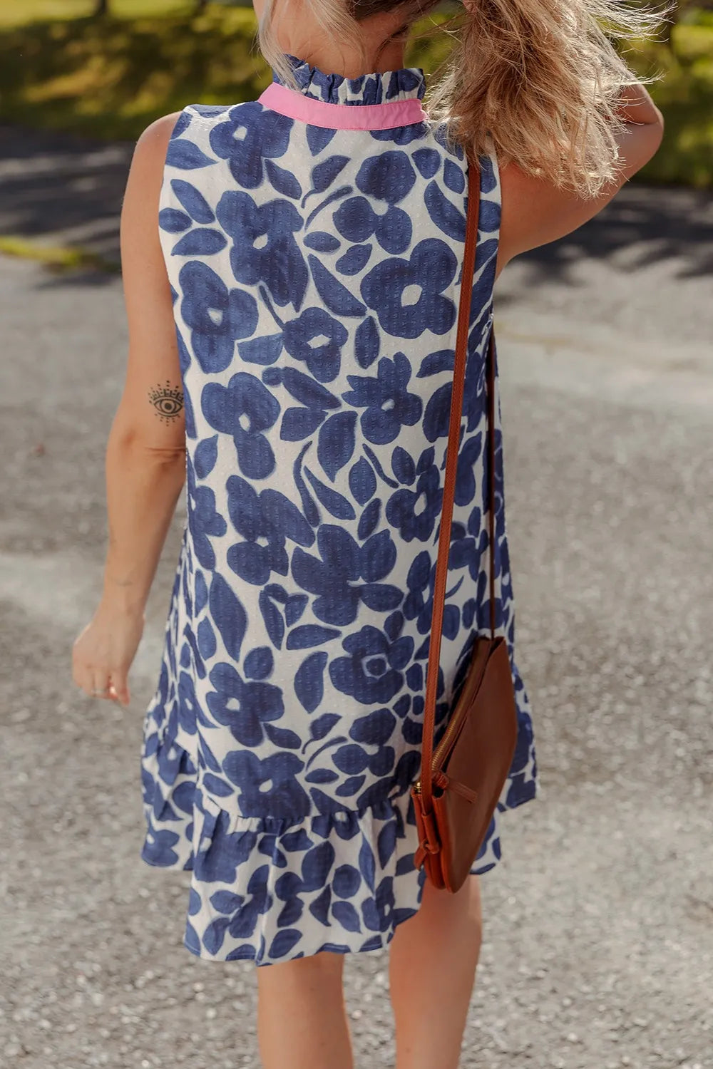 Floral Sleeveless Color Block Notched V Neck Mini Dress