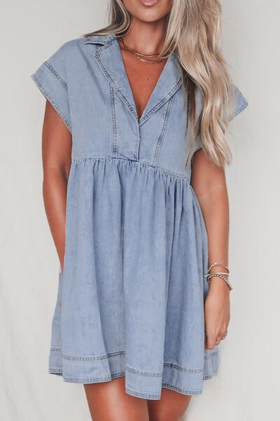 Lapel Neck Cap Sleeve Denim Babydoll Dress