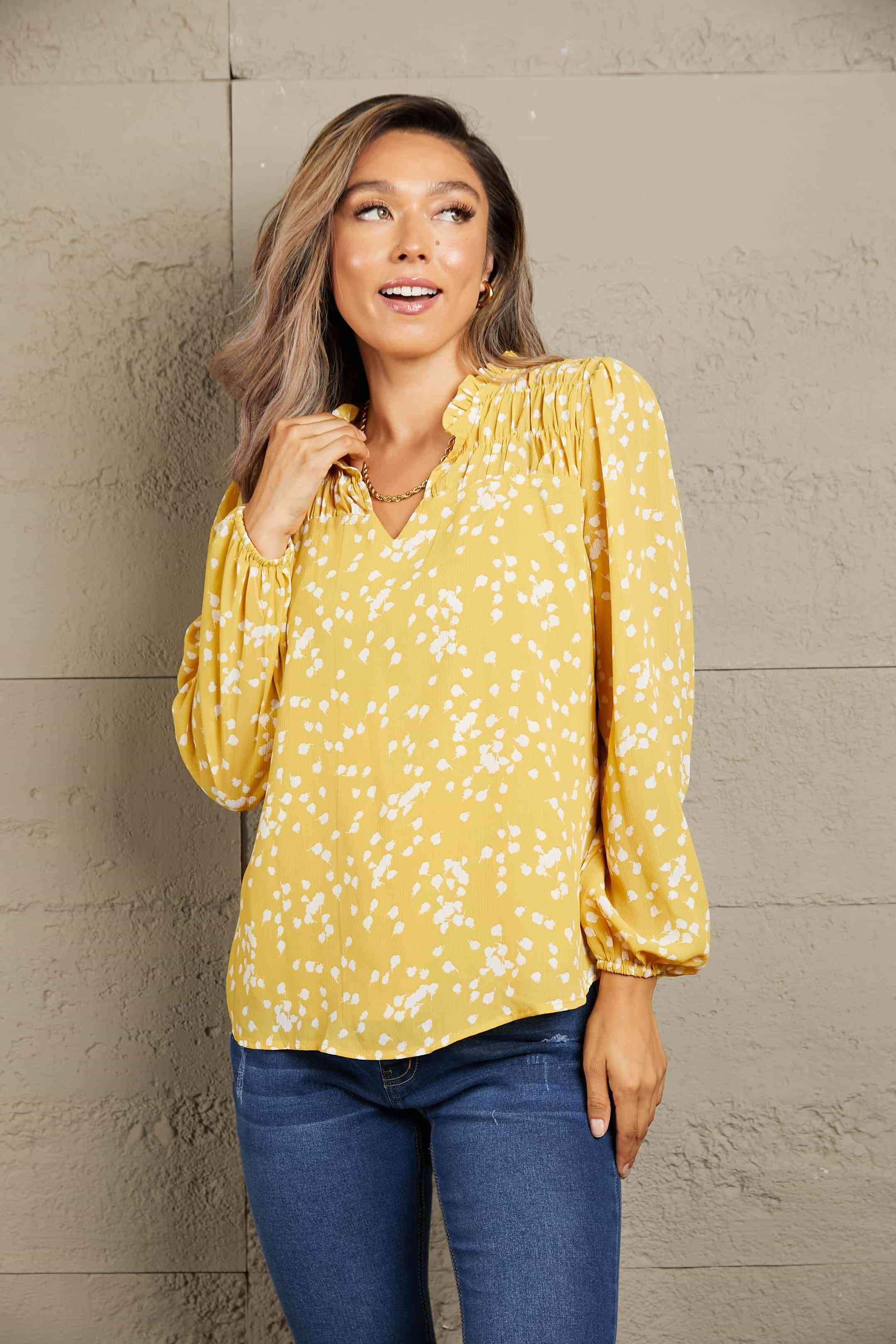 Printed Notched Neck Smocked Blouse