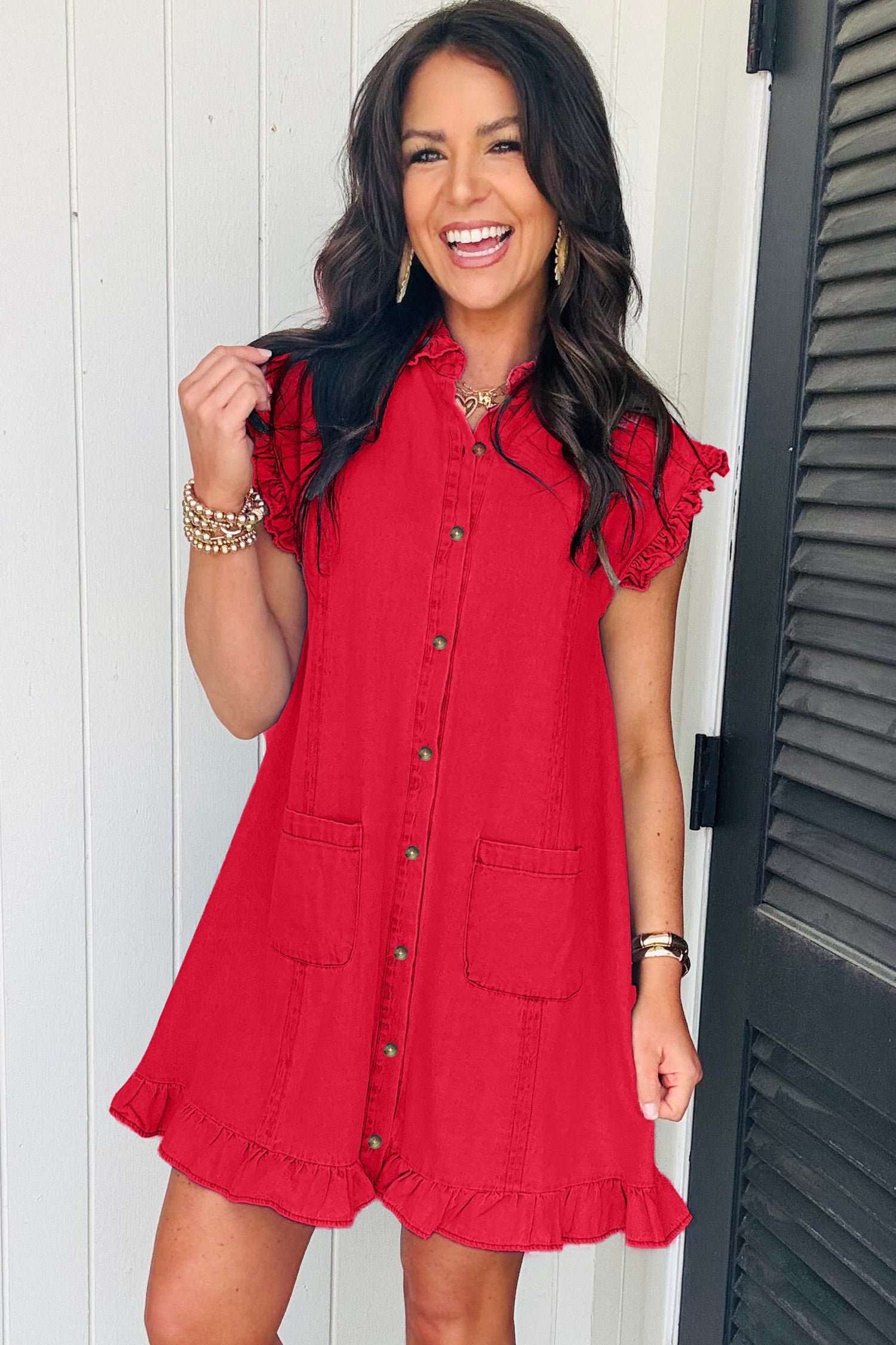 Sail Blue Ruffled Edge Collared Shift Denim Dress with Pockets