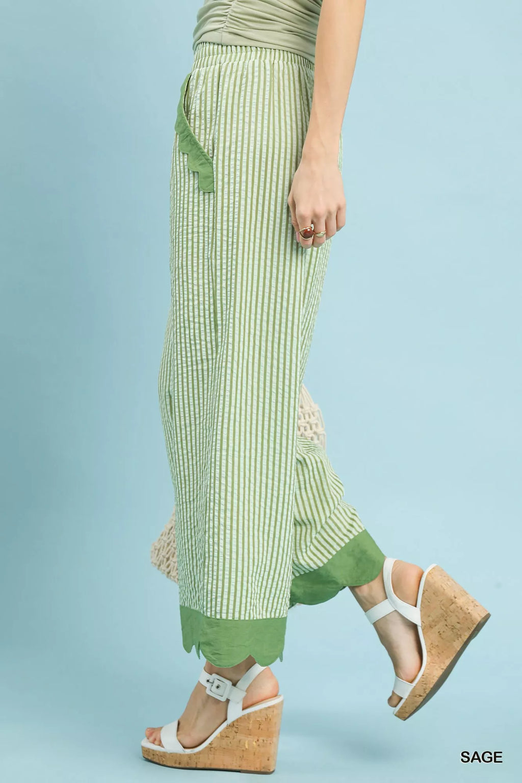 Stripe Scallop Hem Wide Leg Pants